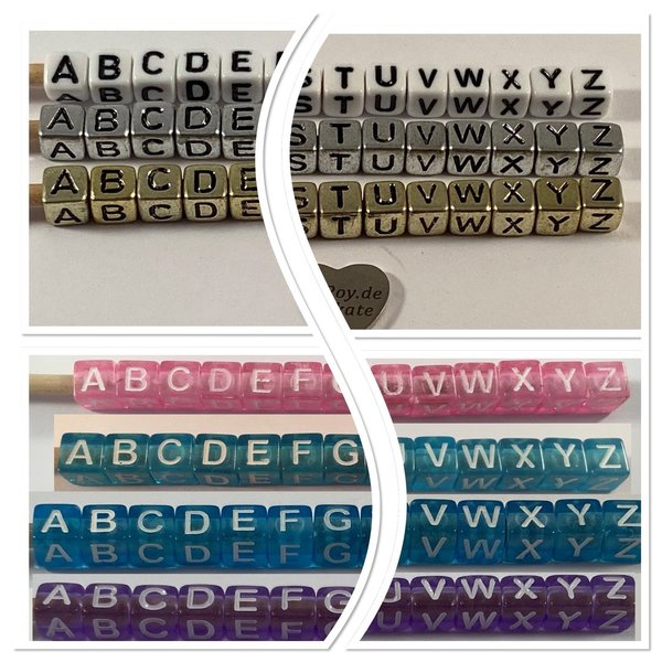Buchstabenwürfelpaket 1300 Stück gold/schwarz, silber/schwarz,lila/weiß, blau/weiß oder weiß/schwarz